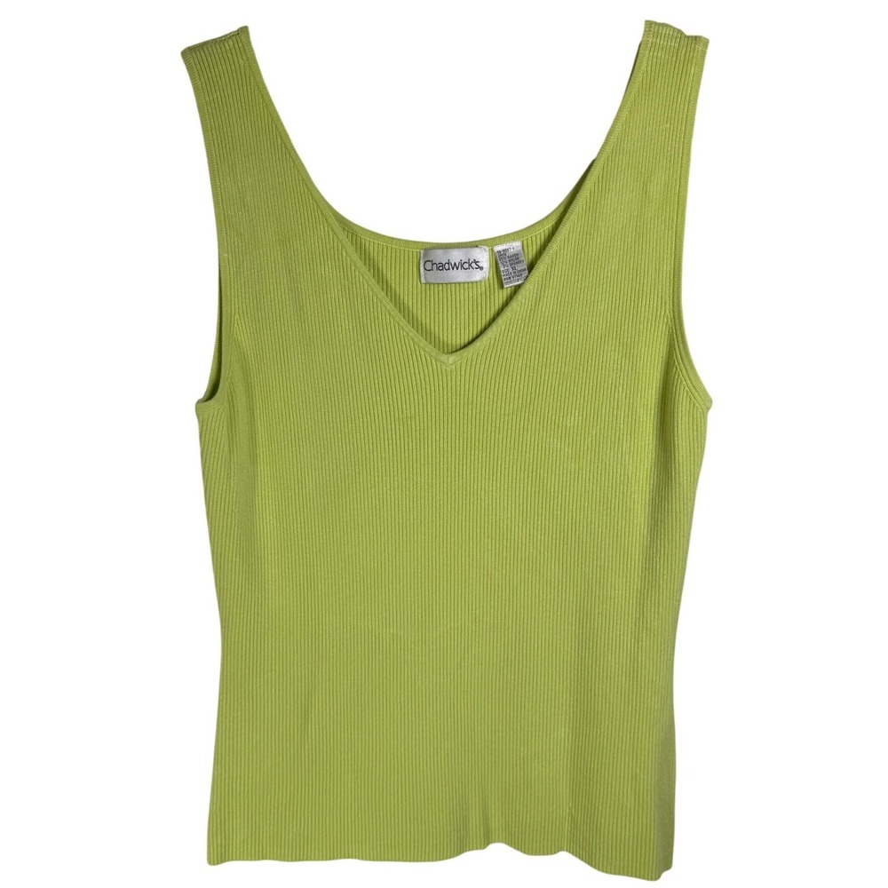 Chadwicks Womens XL Lime Green Ribbed Knit V-Neck Tank Top Sleeveless Shell